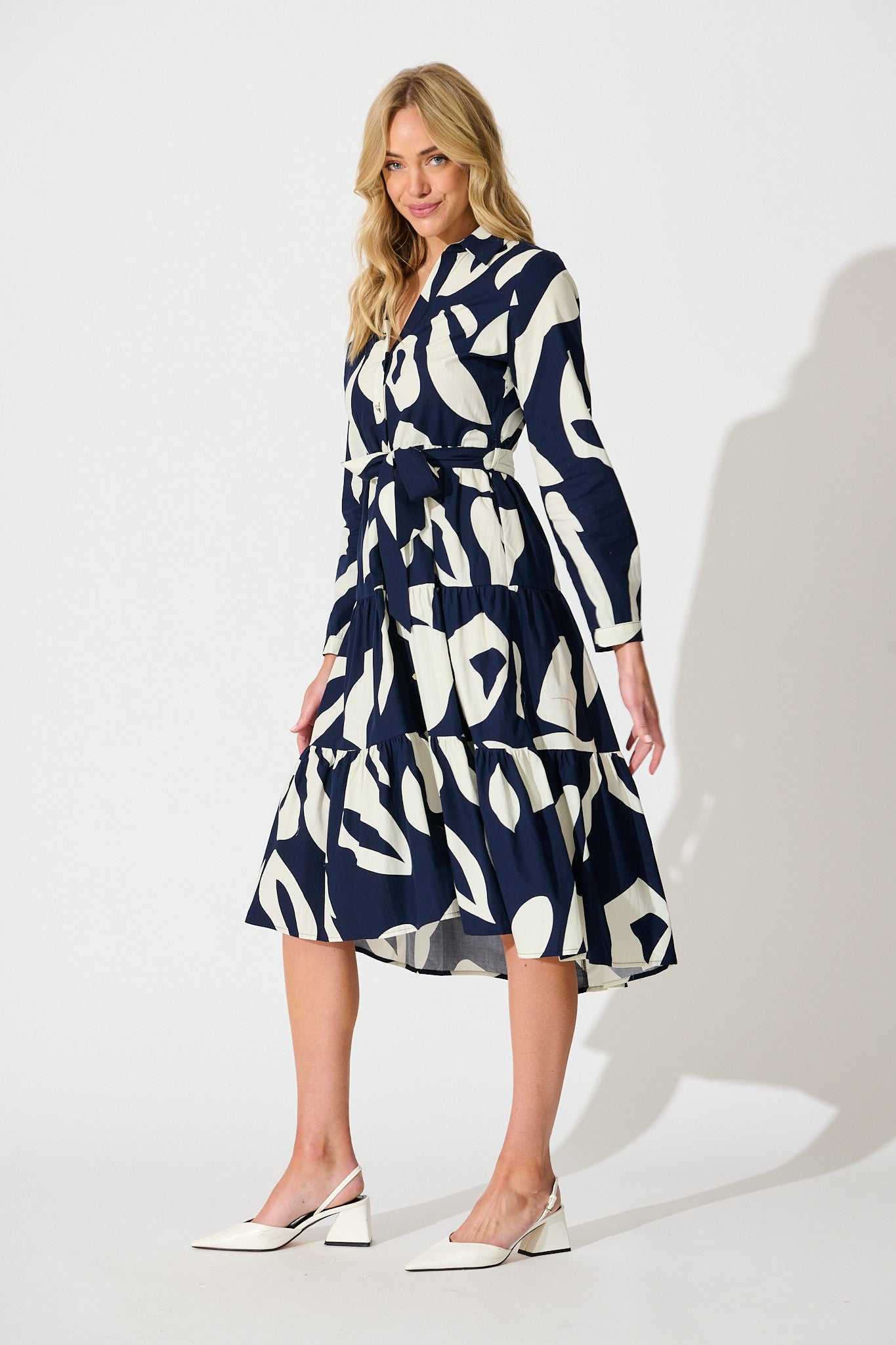 Endless Wishes Midi Shirt Dress in Navy with White Cotton