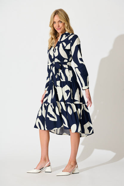 Endless Wishes Midi Shirt Dress in Navy with White Cotton