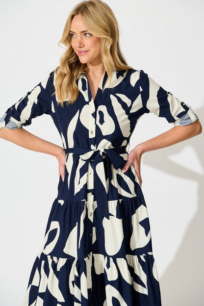 Endless Wishes Midi Shirt Dress in Navy with White Cotton