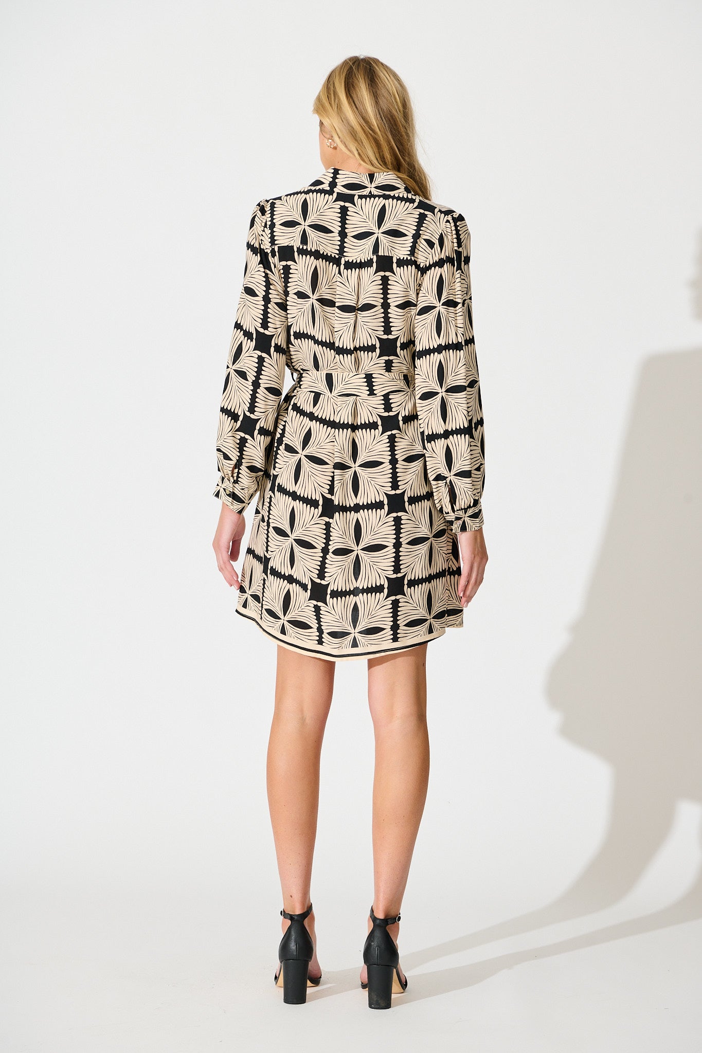 Marisol Shirt Dress in Cream with Black Tile Print