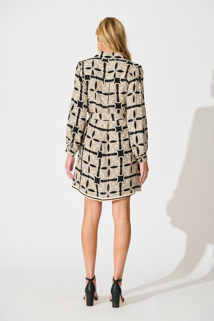 Marisol Shirt Dress in Cream with Black Tile Print
