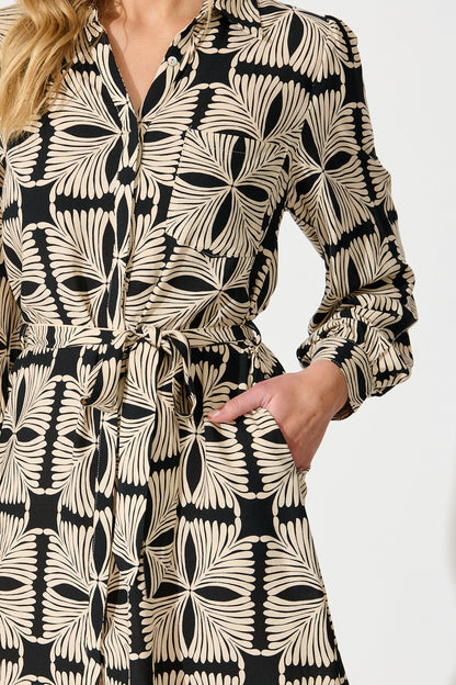 Marisol Shirt Dress in Cream with Black Tile Print