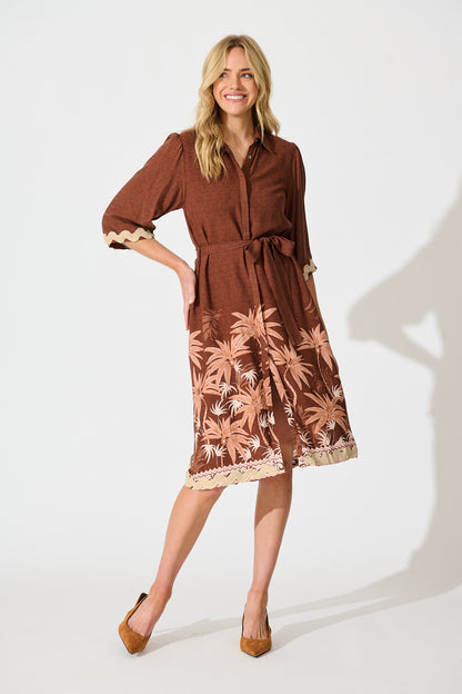 Mirabelle Midi Shirt Dress in Brown Palm Tree Border Print
