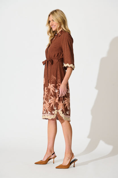 Mirabelle Midi Shirt Dress in Brown Palm Tree Border Print