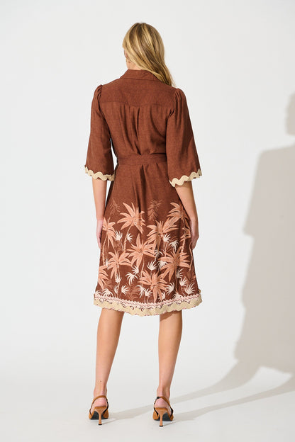 Mirabelle Midi Shirt Dress in Brown Palm Tree Border Print