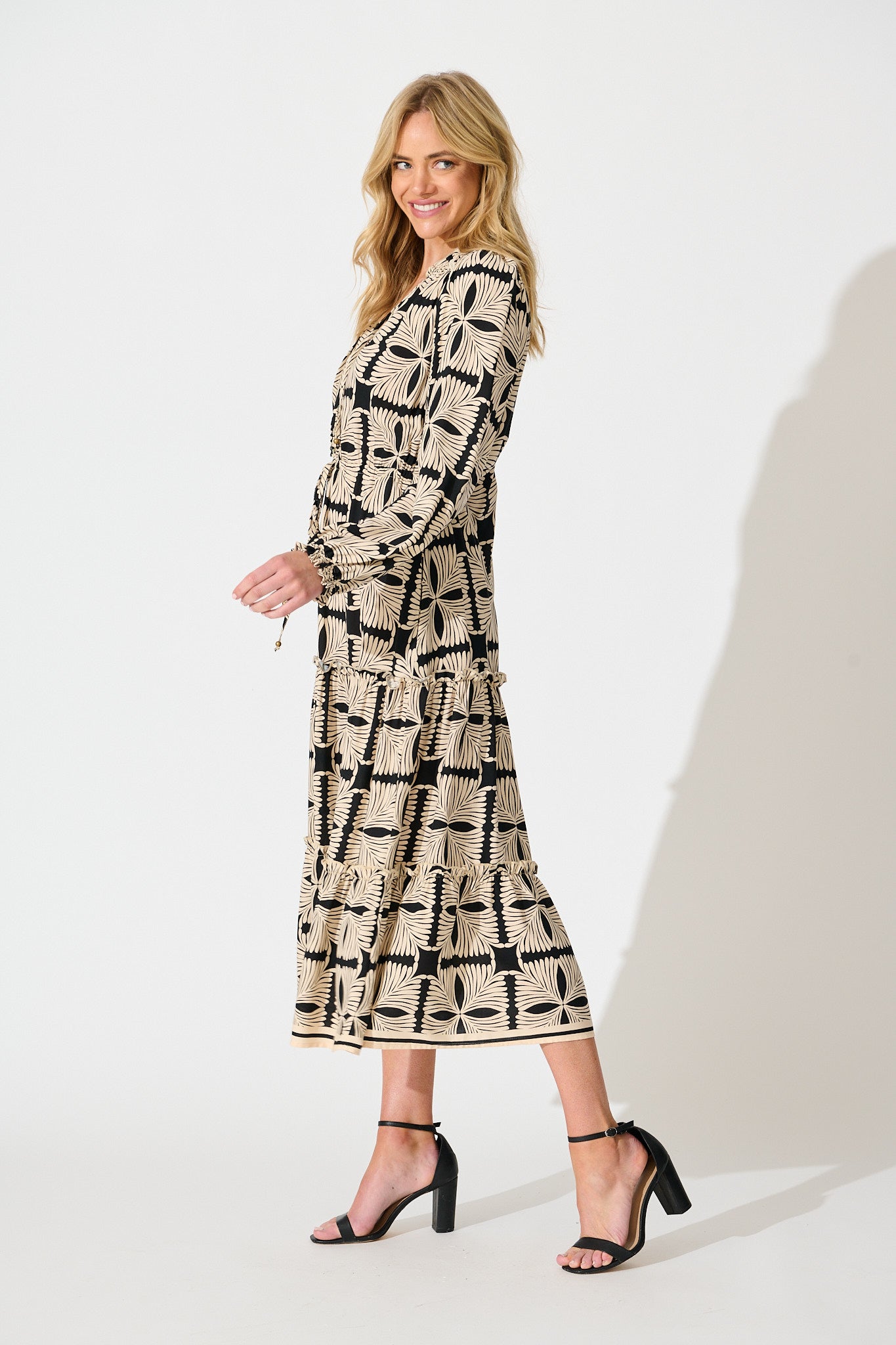 Frankie Midi Dress in Cream with Black Tile Print