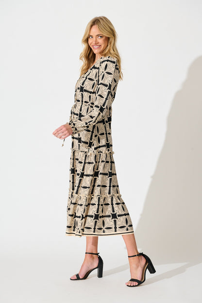 Frankie Midi Dress in Cream with Black Tile Print