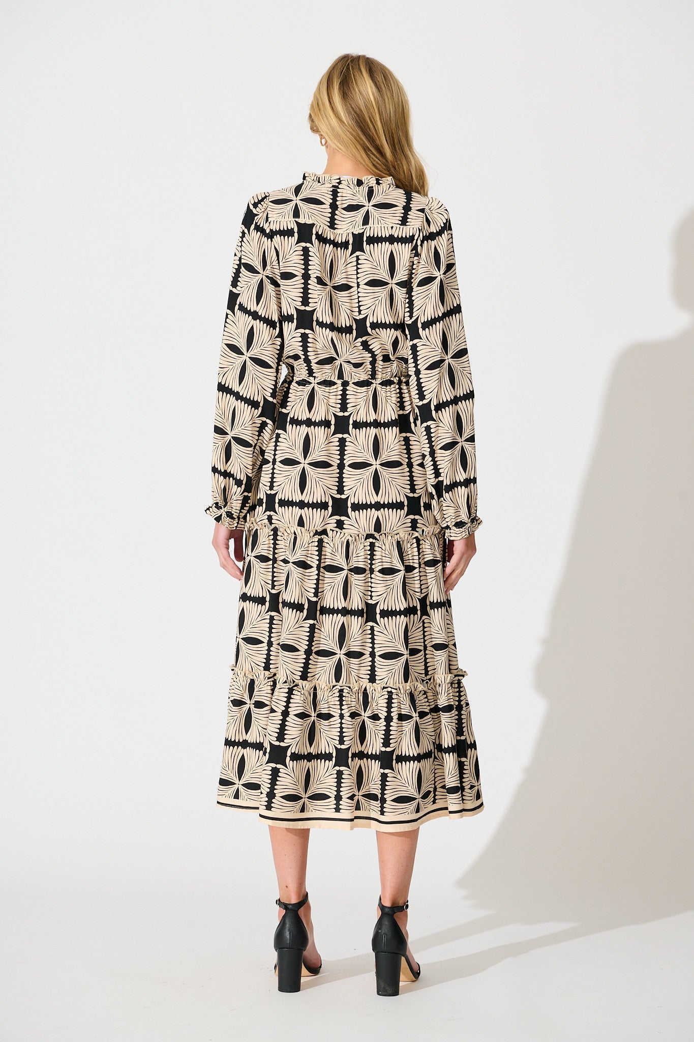 Frankie Midi Dress in Cream with Black Tile Print