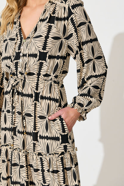 Frankie Midi Dress in Cream with Black Tile Print