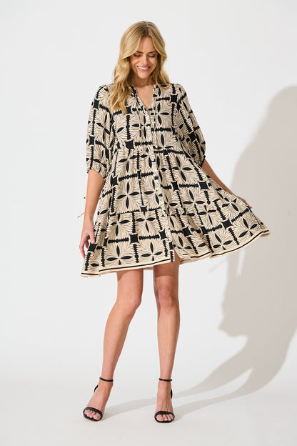 Emelyn Smock Dress in Cream with Black Tile Print