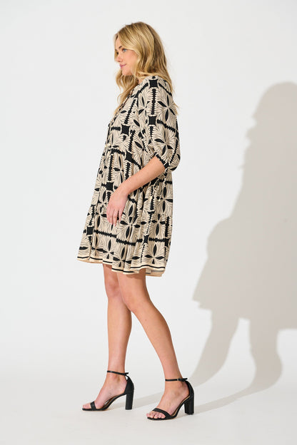 Emelyn Smock Dress in Cream with Black Tile Print