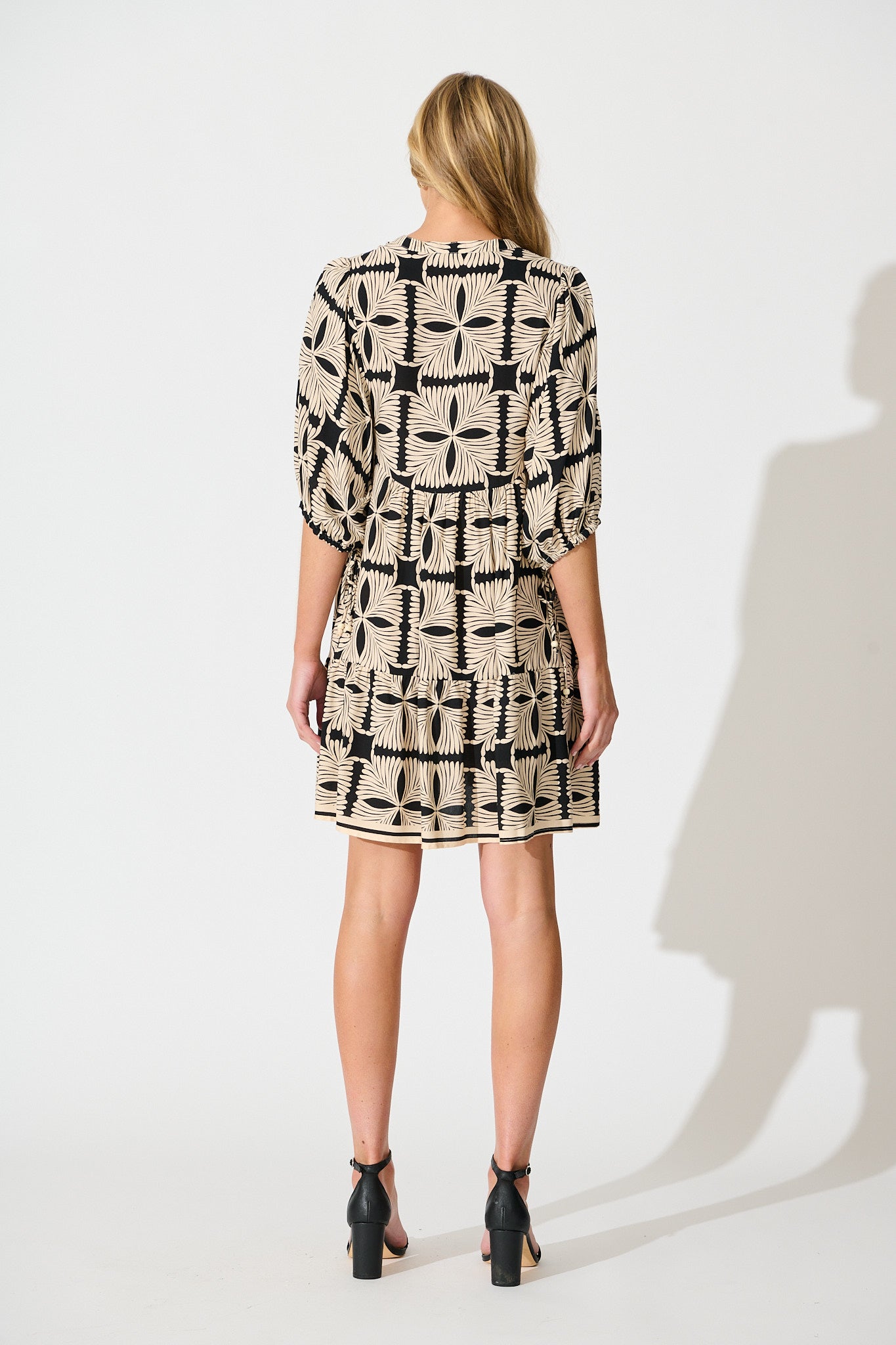 Emelyn Smock Dress in Cream with Black Tile Print