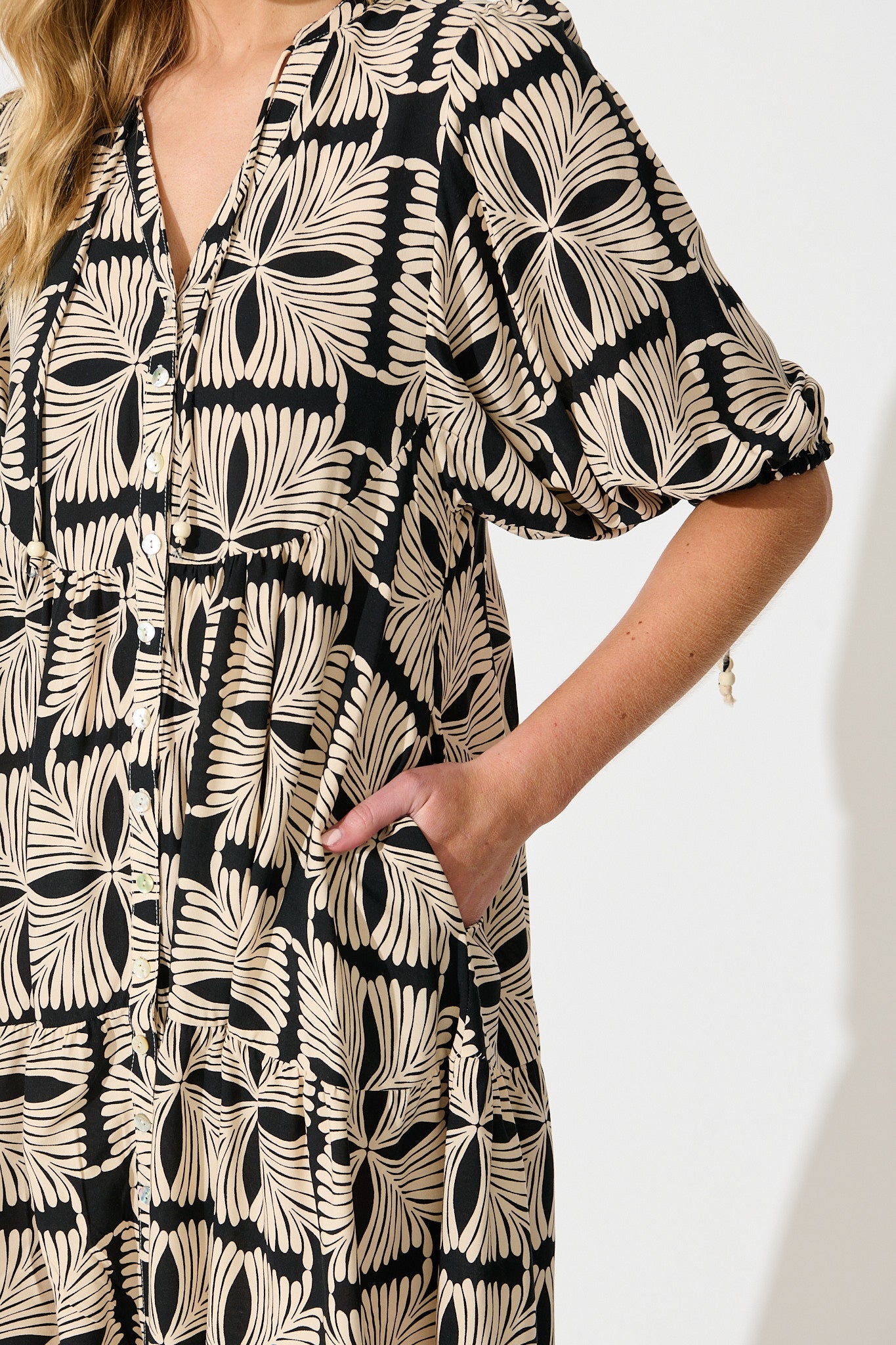 Emelyn Smock Dress in Cream with Black Tile Print