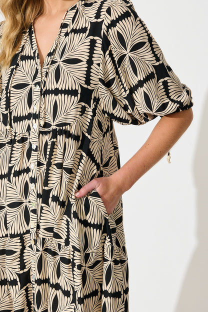 Emelyn Smock Dress in Cream with Black Tile Print