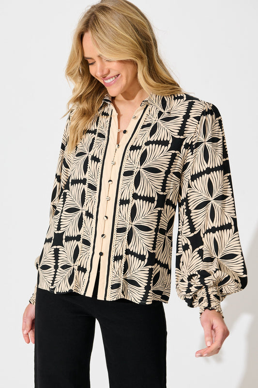 Esra Shirt in Cream with Black Tile Print