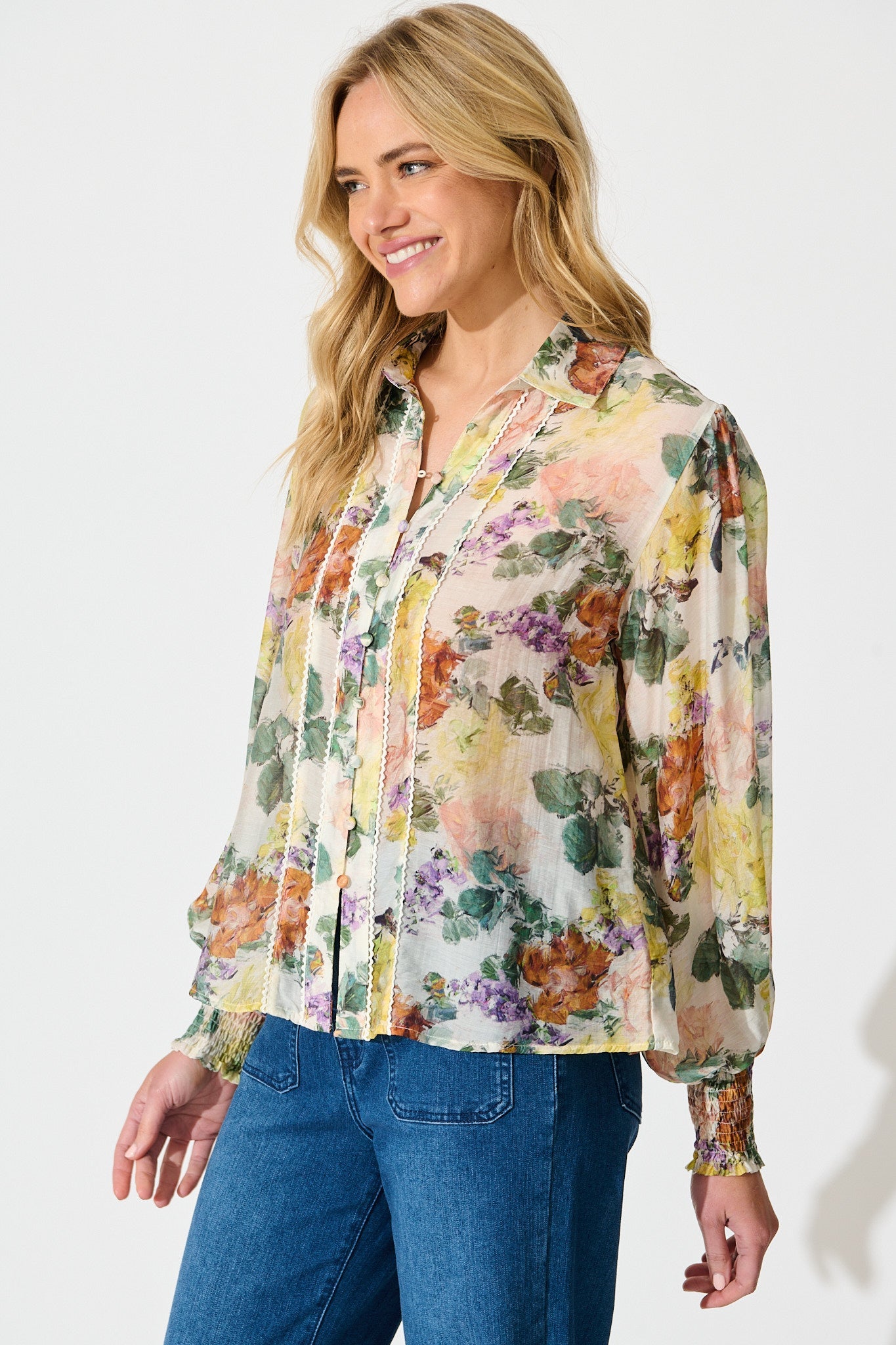 Esra Shirt in Cream with Multi Floral Print
