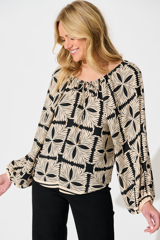 Marcy Top in Cream with Black Tile Print