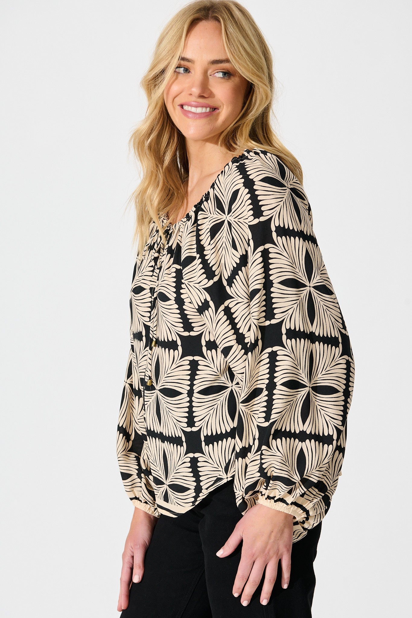 Marcy Top in Cream with Black Tile Print
