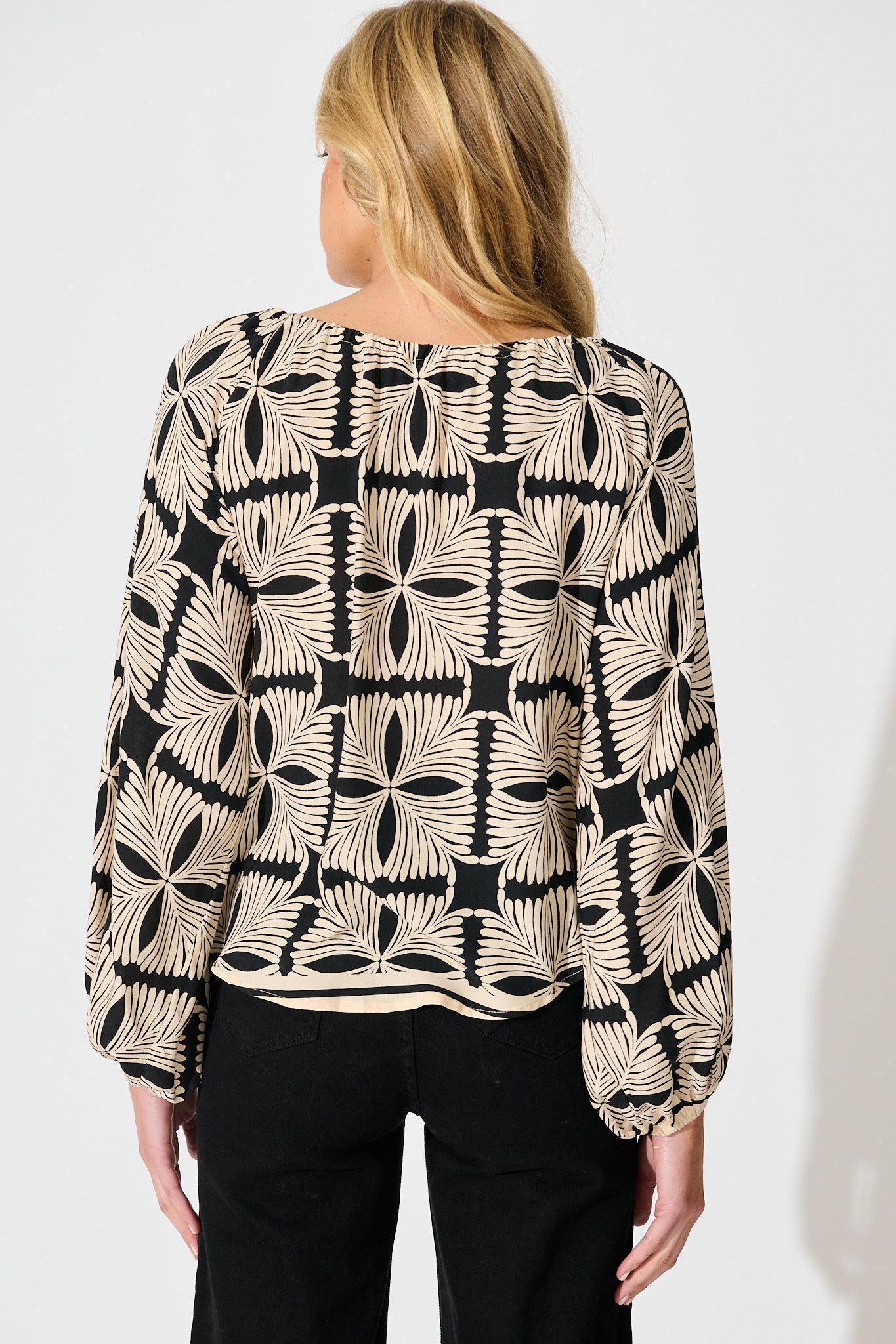 Marcy Top in Cream with Black Tile Print