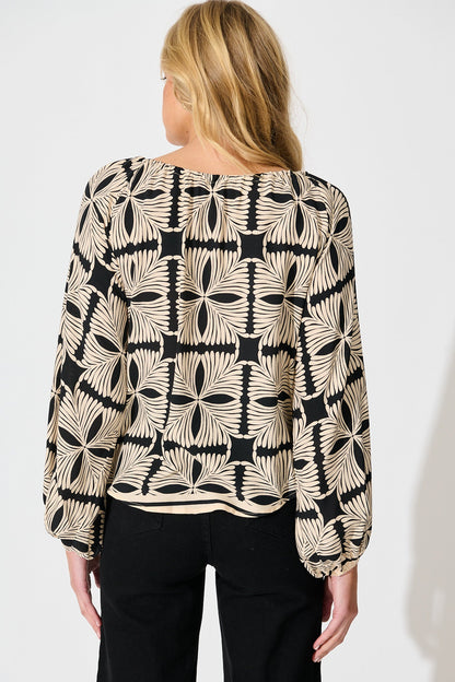 Marcy Top in Cream with Black Tile Print