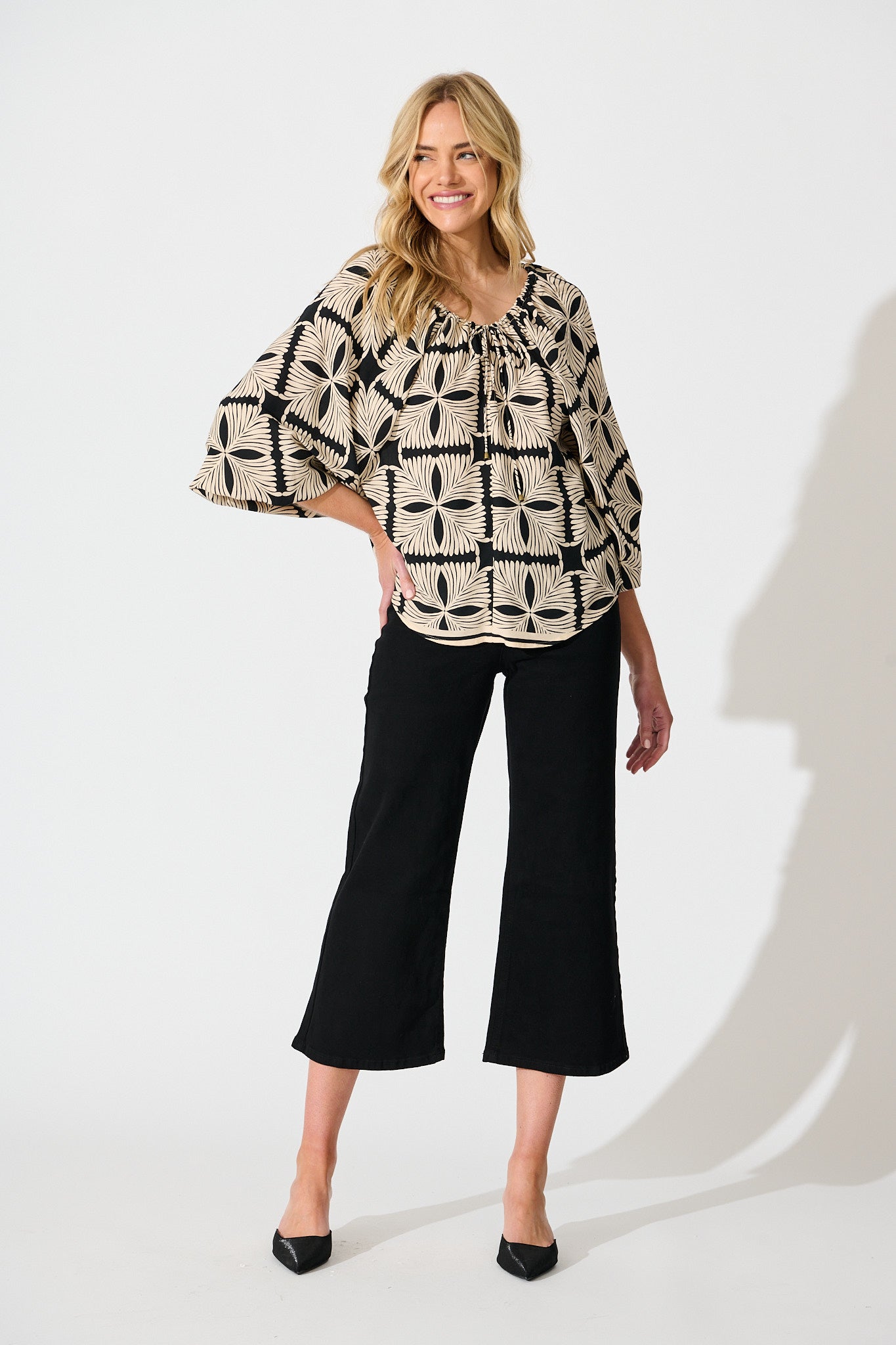 Marcy Top in Cream with Black Tile Print