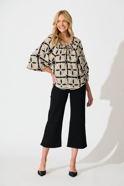 Marcy Top in Cream with Black Tile Print