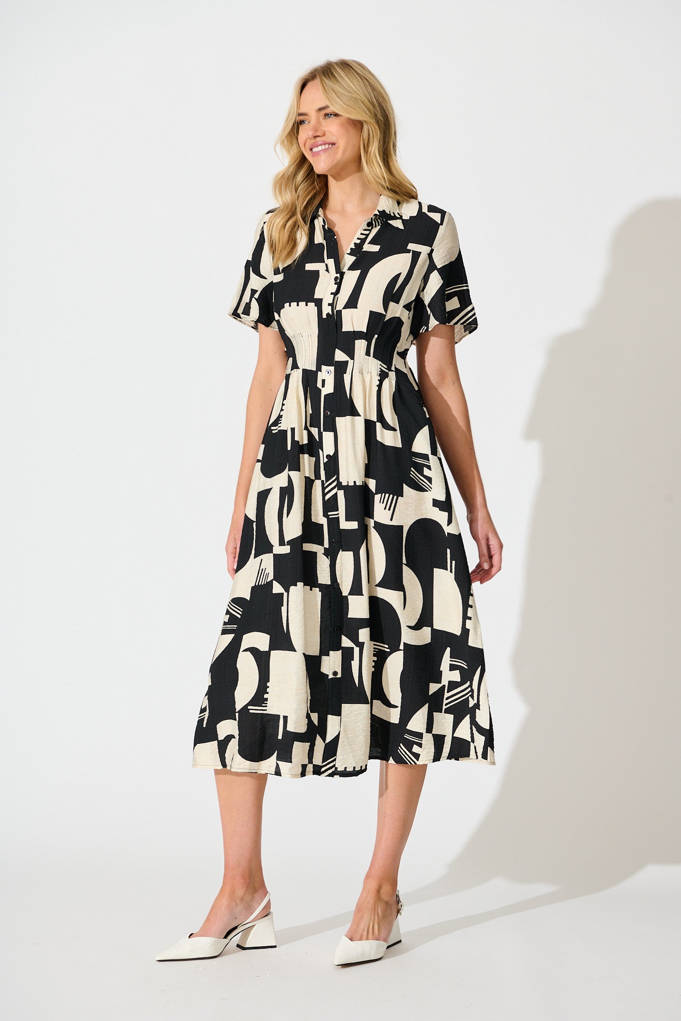 Allara Midi Shirt Dress in Black with Cream Geometric Print