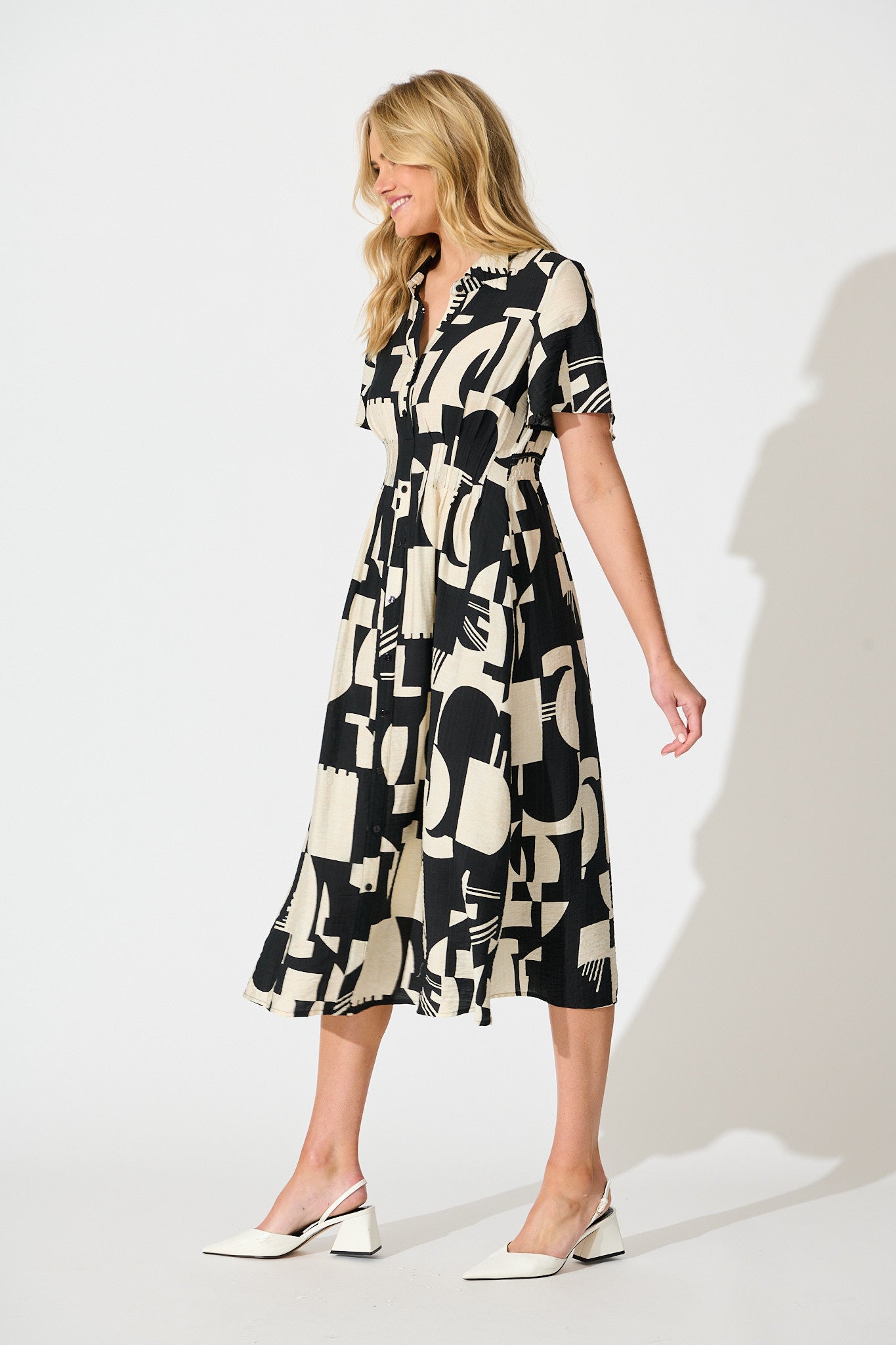 Allara Midi Shirt Dress in Black with Cream Geometric Print