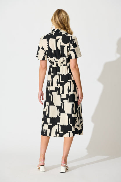 Allara Midi Shirt Dress in Black with Cream Geometric Print