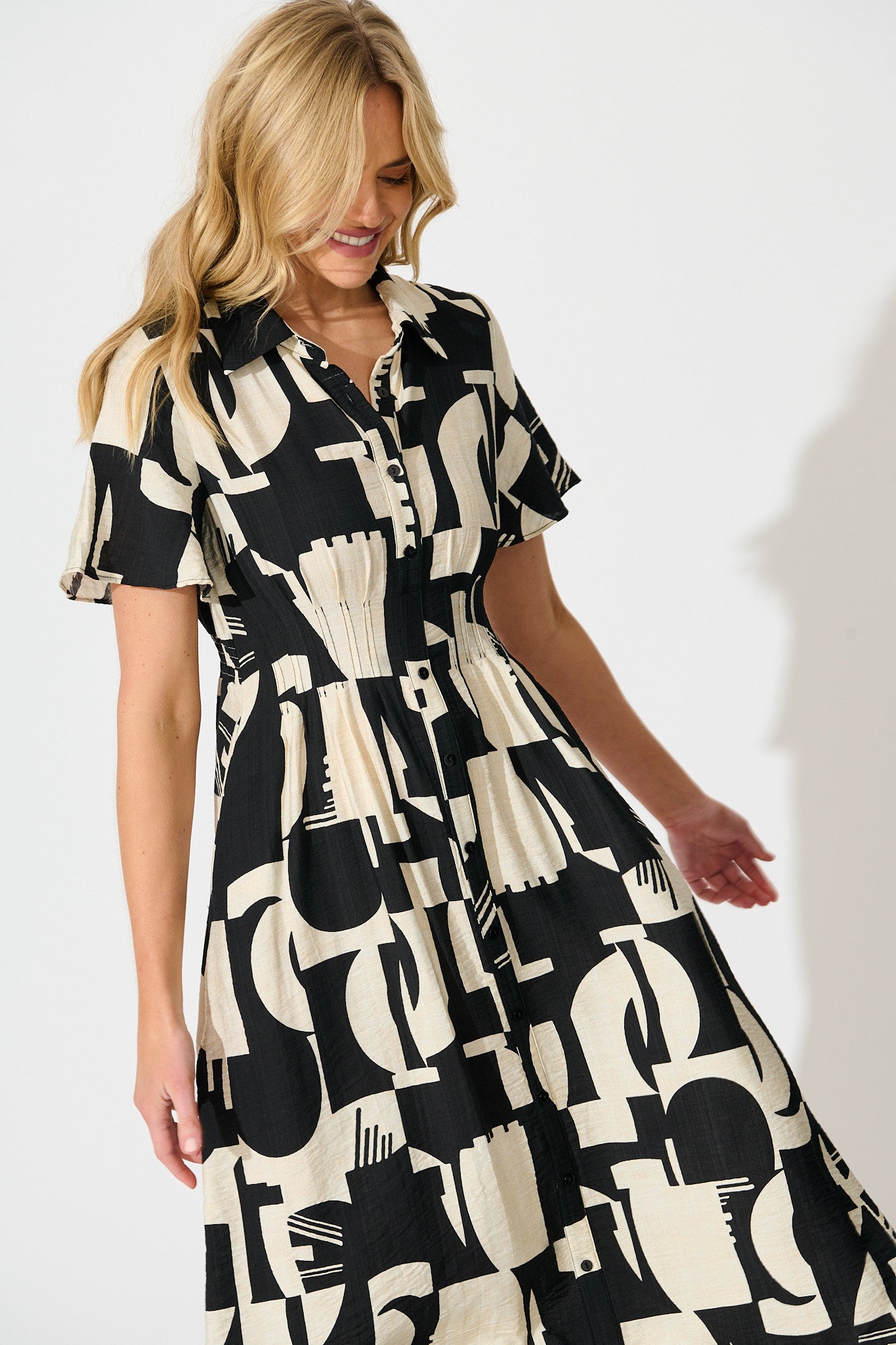Allara Midi Shirt Dress in Black with Cream Geometric Print