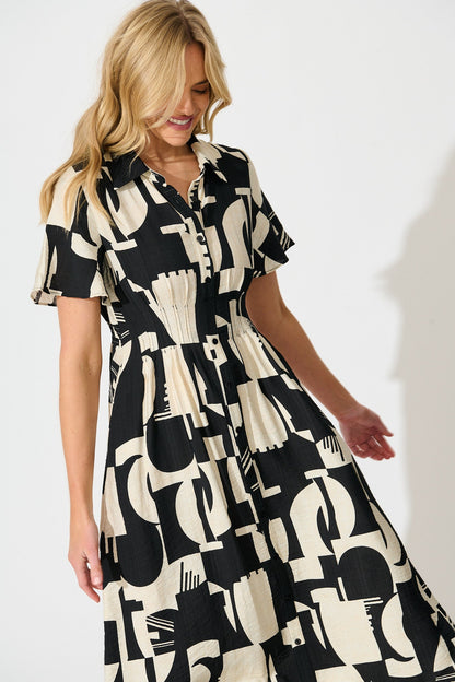 Allara Midi Shirt Dress in Black with Cream Geometric Print