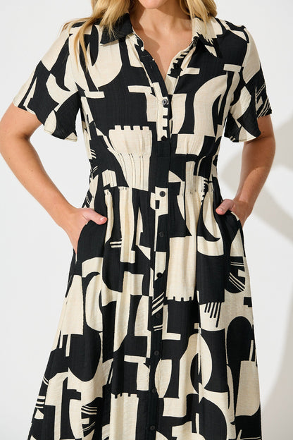 Allara Midi Shirt Dress in Black with Cream Geometric Print