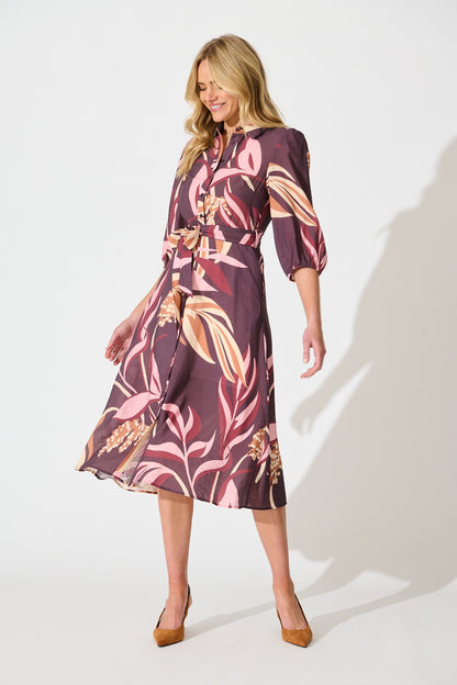 Alvia Midi Shirt Dress in Plum with Multi Floral Print