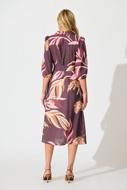 Alvia Midi Shirt Dress in Plum with Multi Floral Print