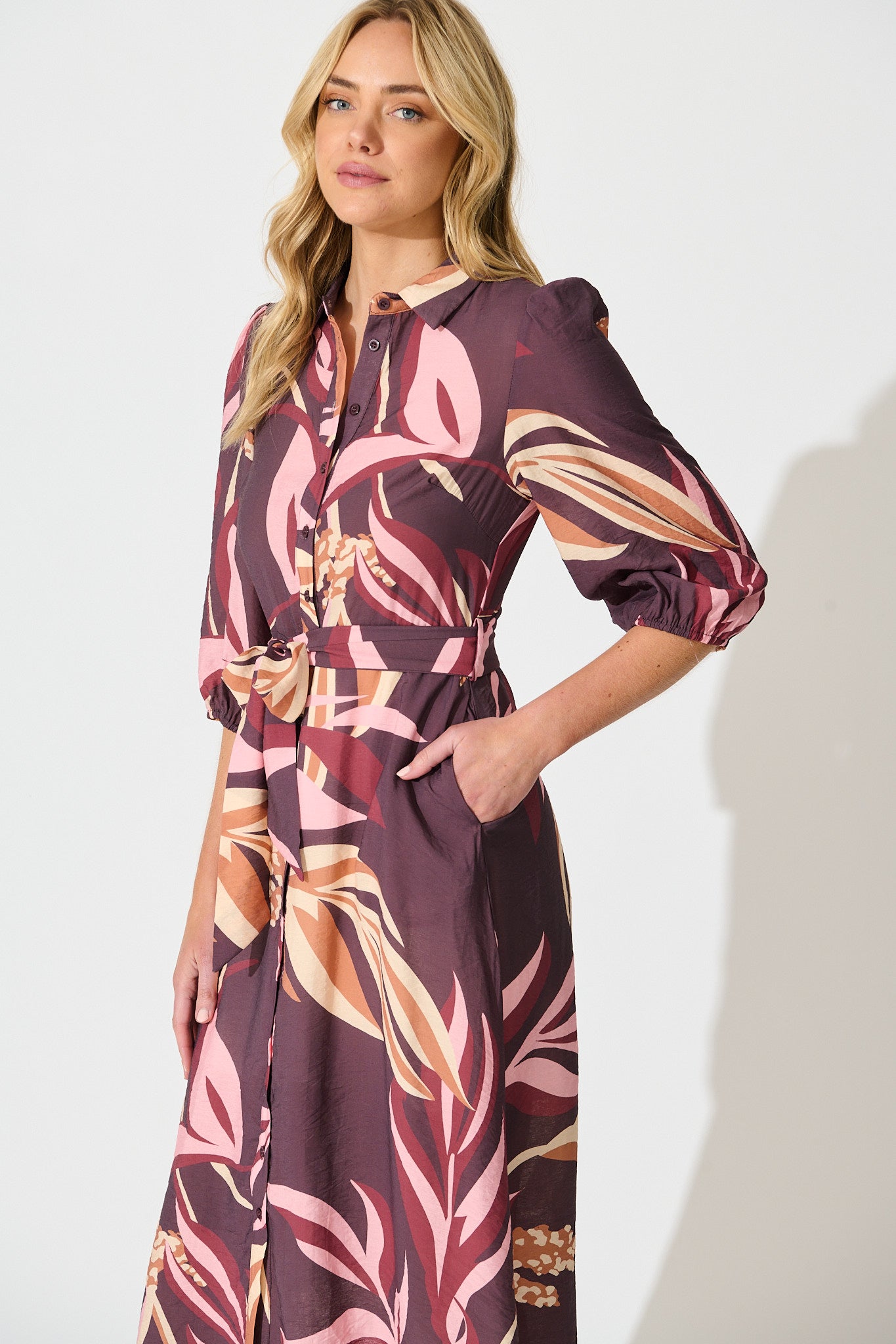 Alvia Midi Shirt Dress in Plum with Multi Floral Print