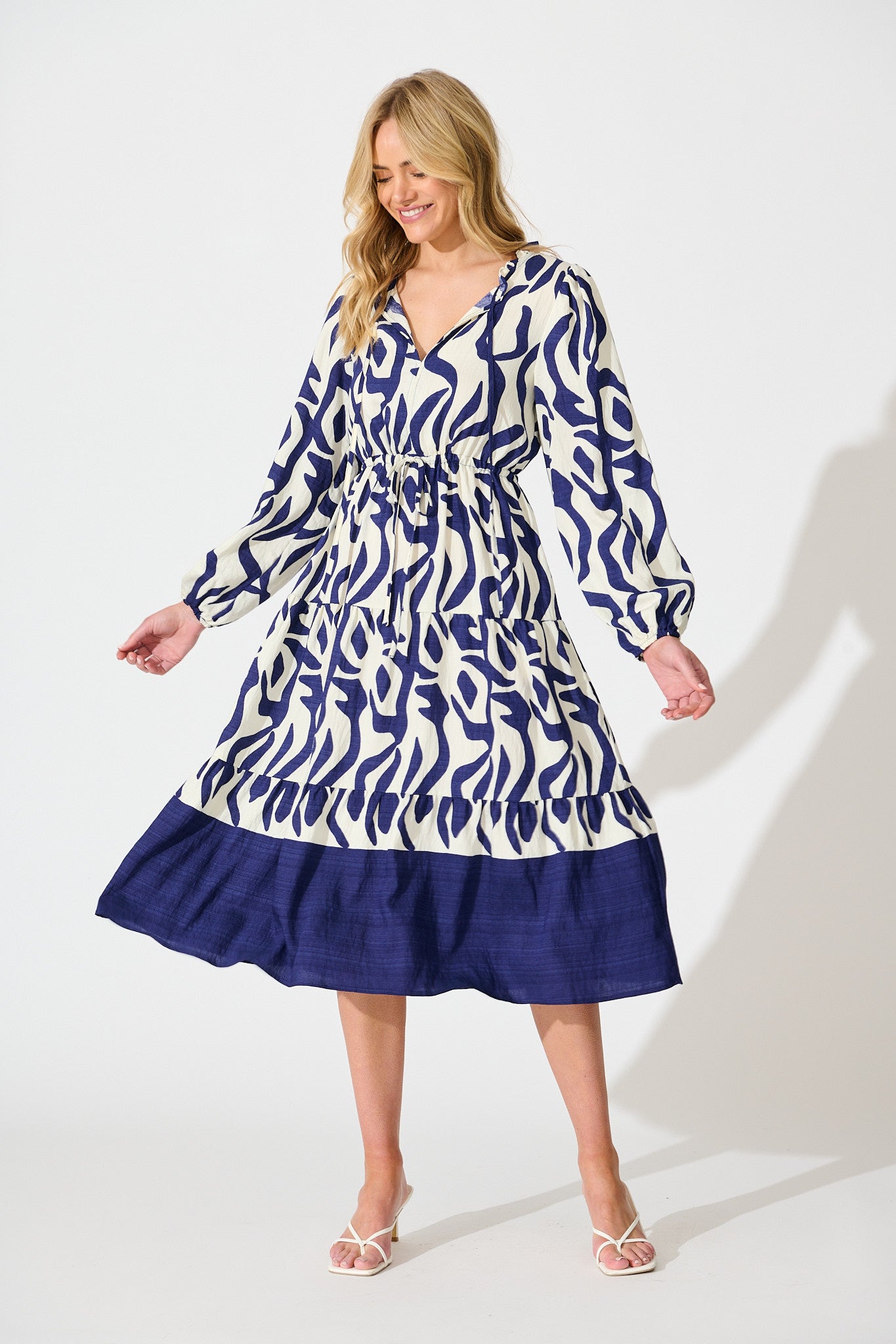 Lucky Day Midi Dress in White with Navy Print