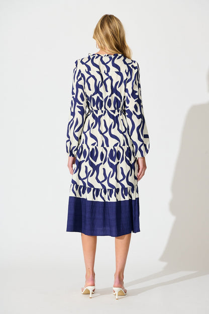 Lucky Day Midi Dress in White with Navy Print