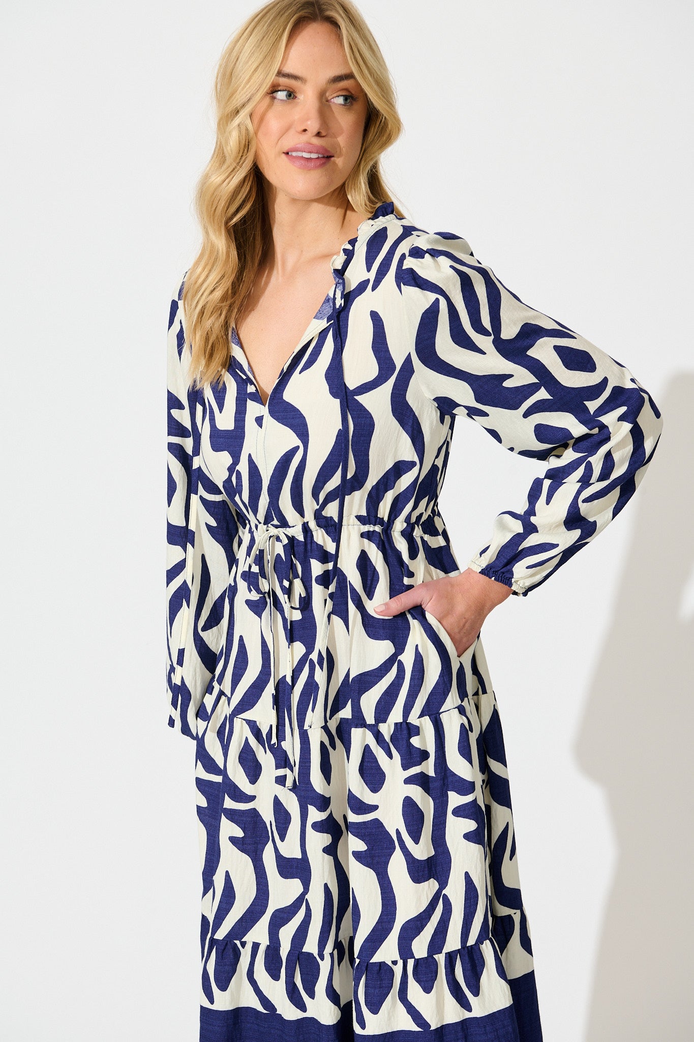 Lucky Day Midi Dress in White with Navy Print