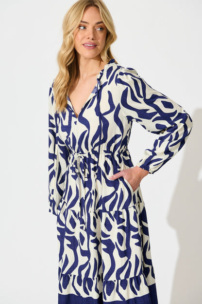 Lucky Day Midi Dress in White with Navy Print