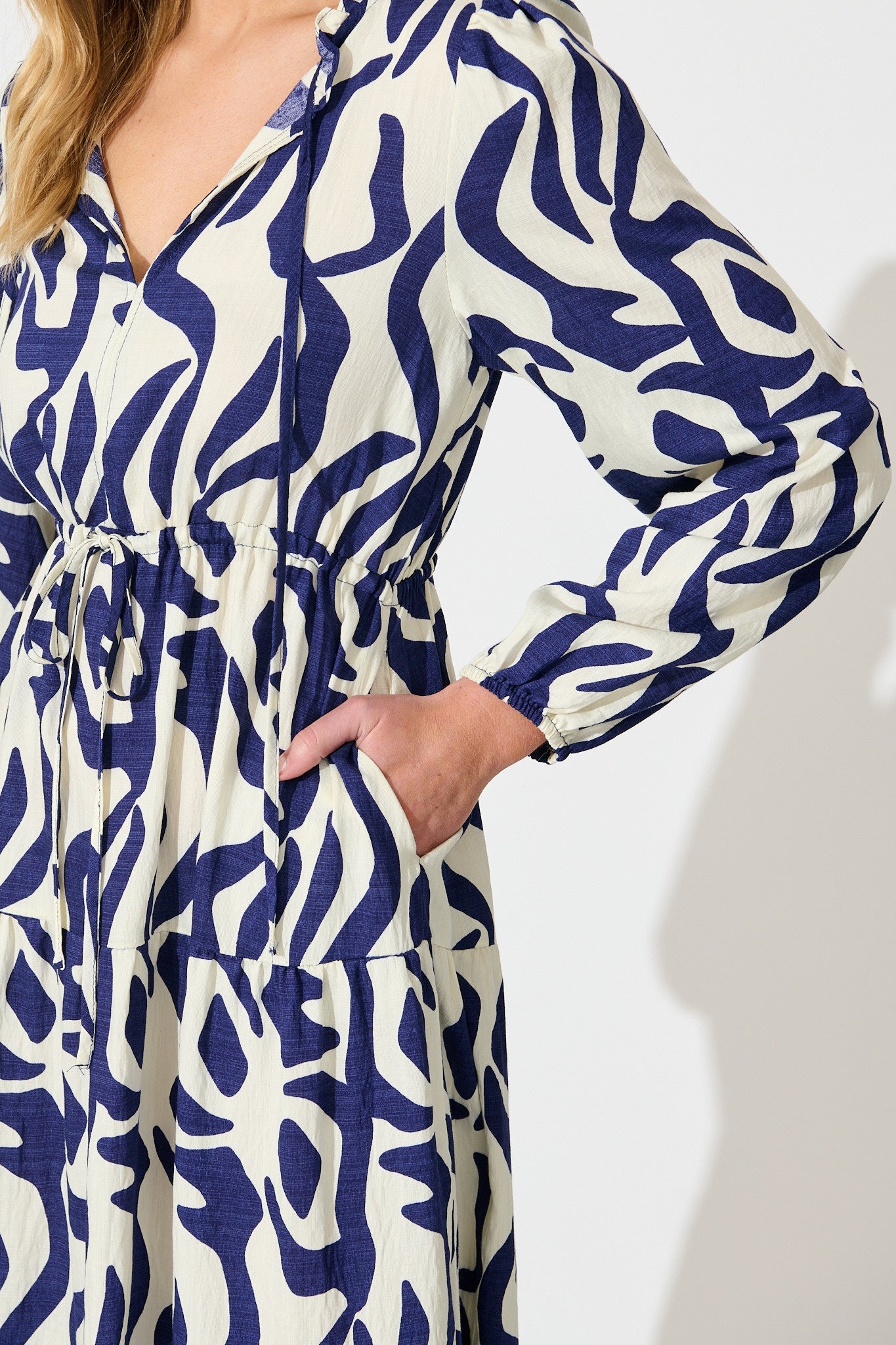 Lucky Day Midi Dress in White with Navy Print