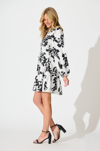 Juniper Dress in White with Black Floral Print