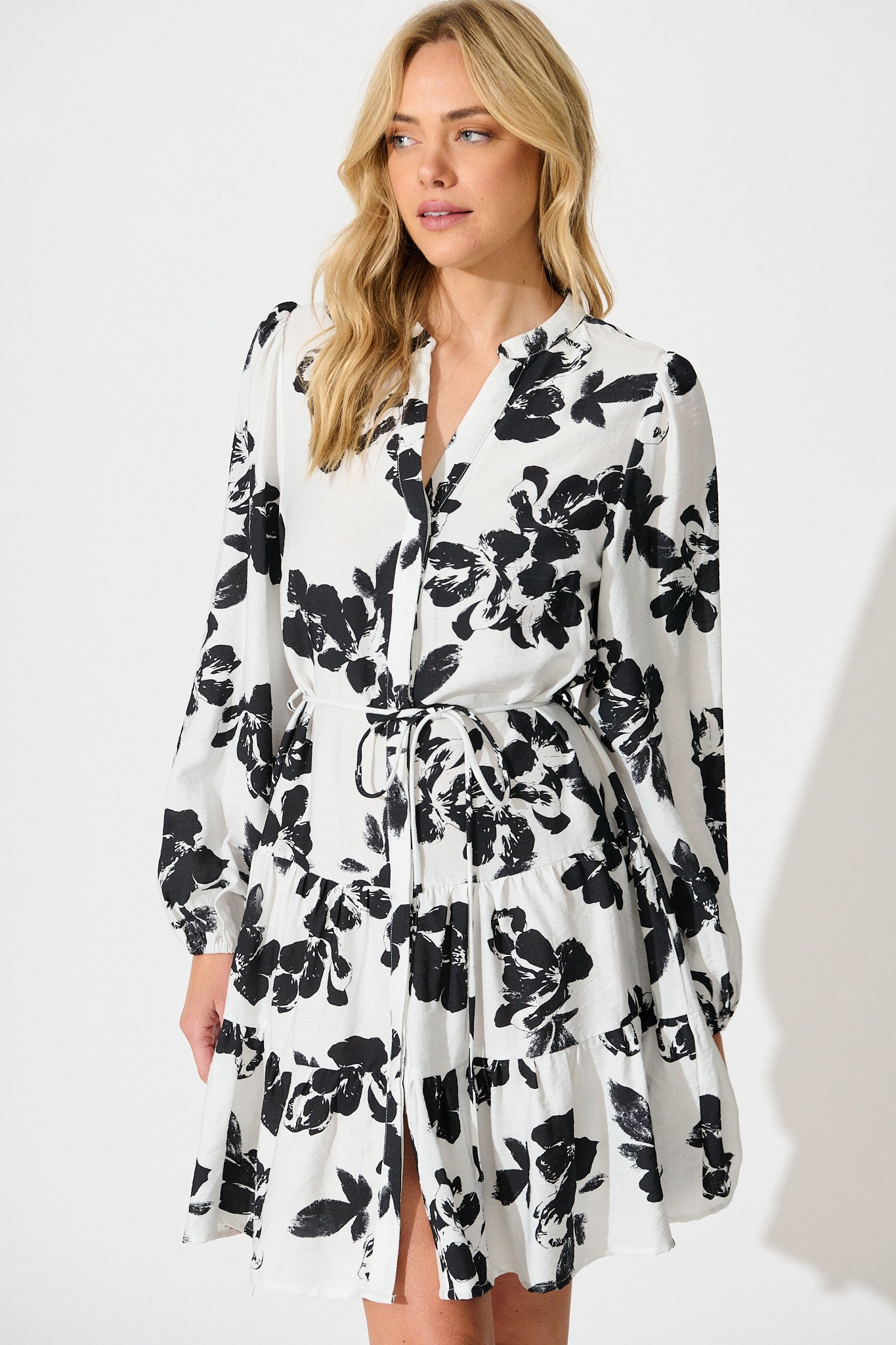 Juniper Dress in White with Black Floral Print