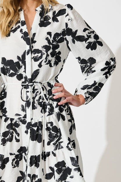 Juniper Dress in White with Black Floral Print