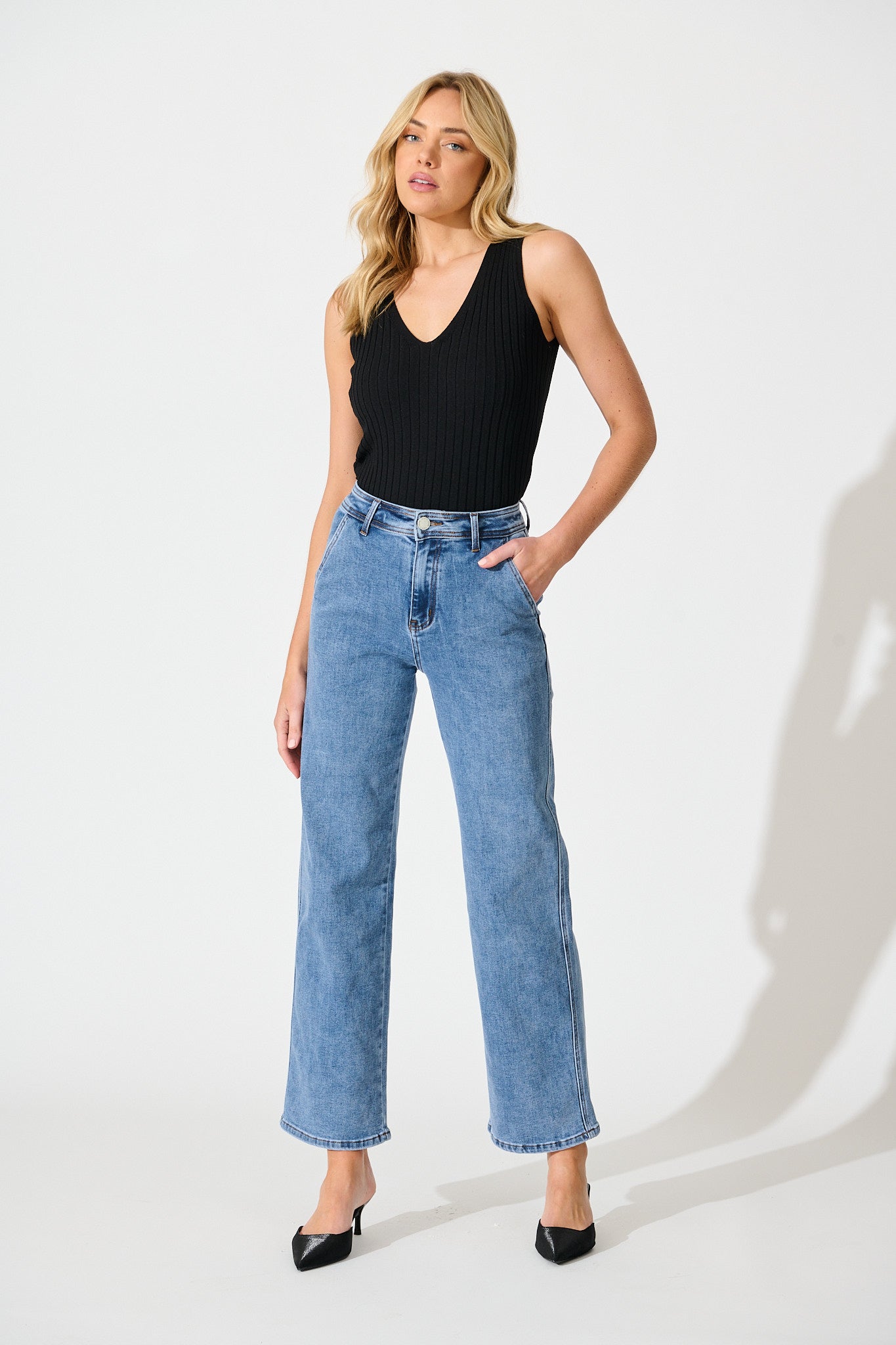 Adele High Rise Straight Leg Jean in Mid Blue