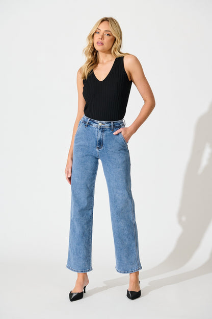 Adele High Rise Straight Leg Jean in Mid Blue