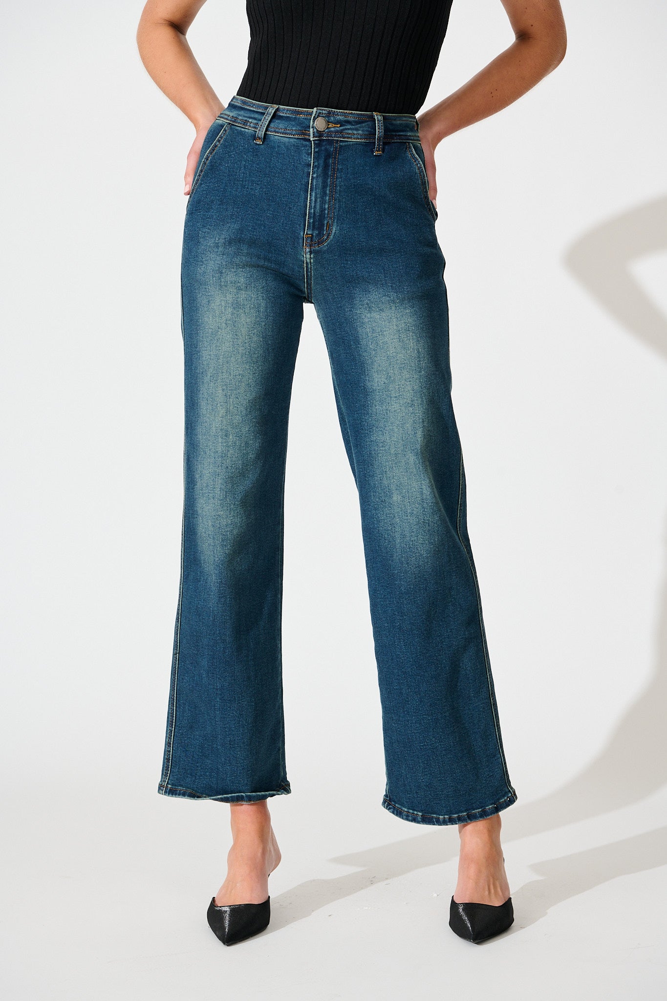 Adele High Rise Straight Leg Jean in Stone Wash Blue