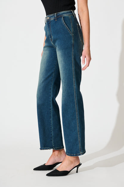 Adele High Rise Straight Leg Jean in Stone Wash Blue