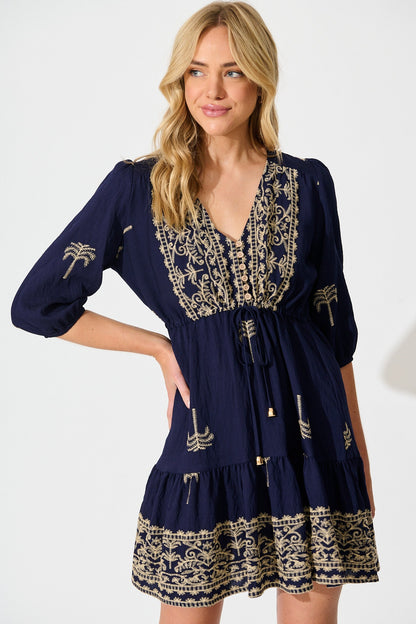 Sweet Nothings Dress in Navy with Palm Embroidery