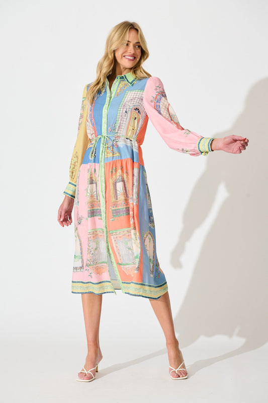 Jensen Midi Shirt Dress in Multi Patchwork Print Linen Blend