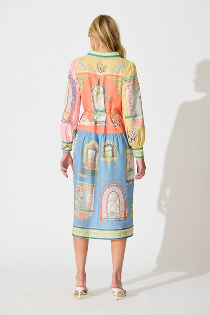 Jensen Midi Shirt Dress in Multi Patchwork Print Linen Blend